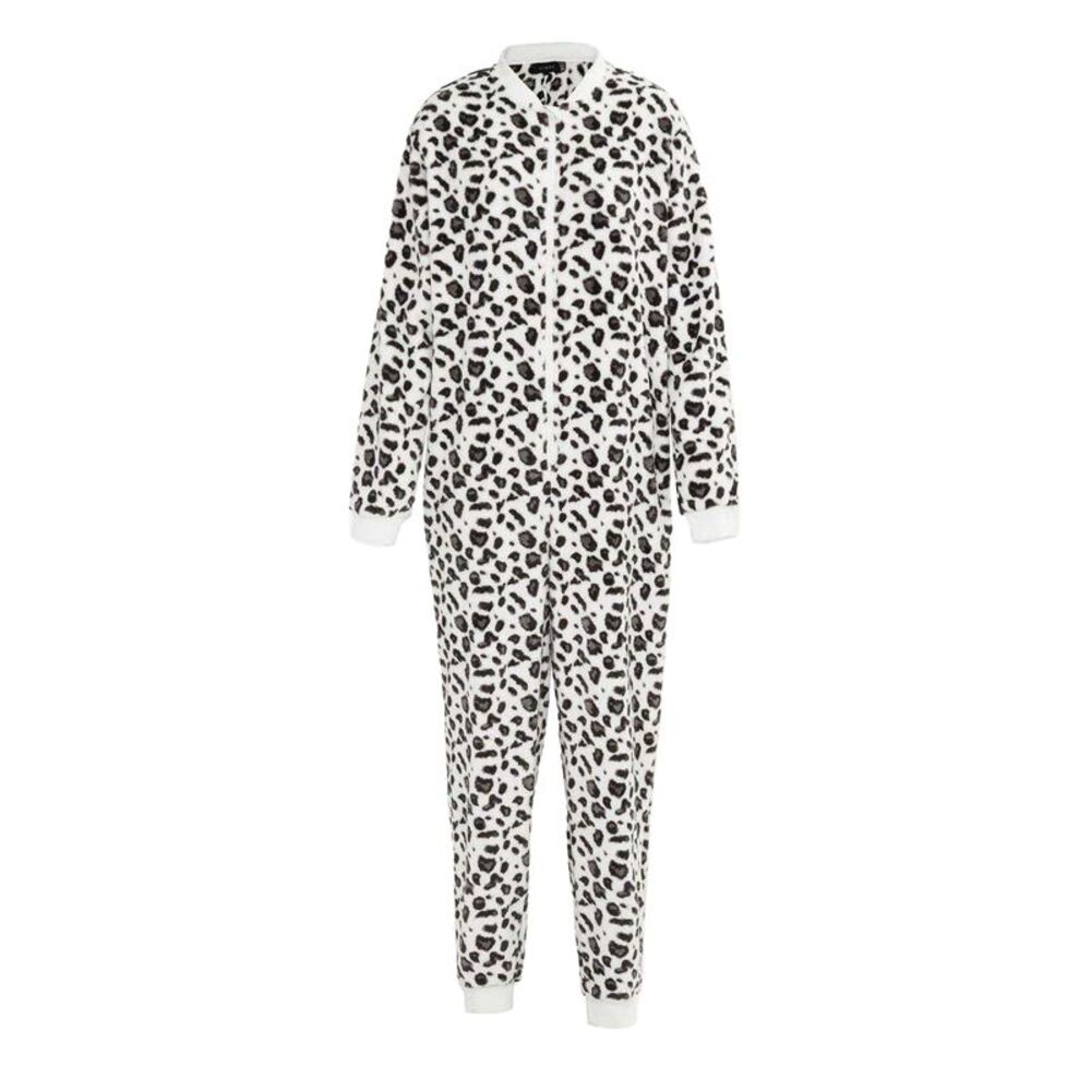 Linea Womens/Ladies Leopard Print Fleece All-In-One Nightwear / Black/White